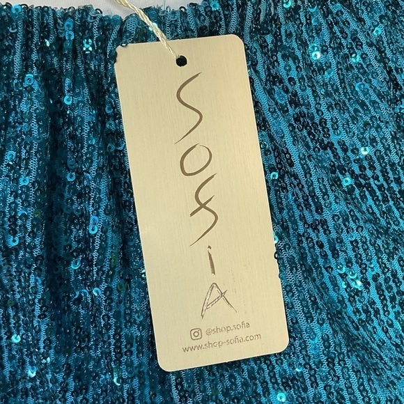 Sofia Women Turquoise Sequin Mini Strapless Dress Drop Waist Blouson One Size T1 - Picture 12 of 12
